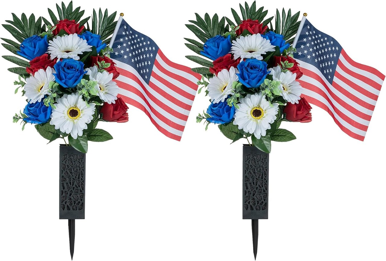 2 Pcs Outdoor Grave Decorations - Artificial Patriotic Cemetery Flowers